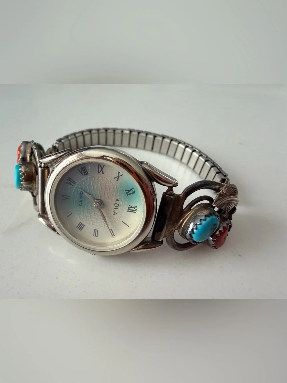 Adla Quartz Sterling Silver Turquoise & Coral Stone Bracelet Watch-Vintage rare
